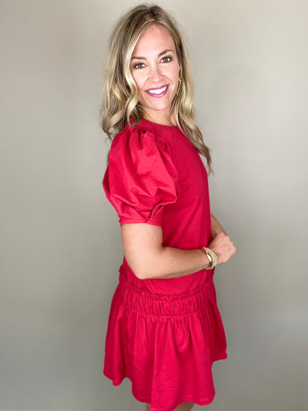 Red Puff Sleeve Mini Dress