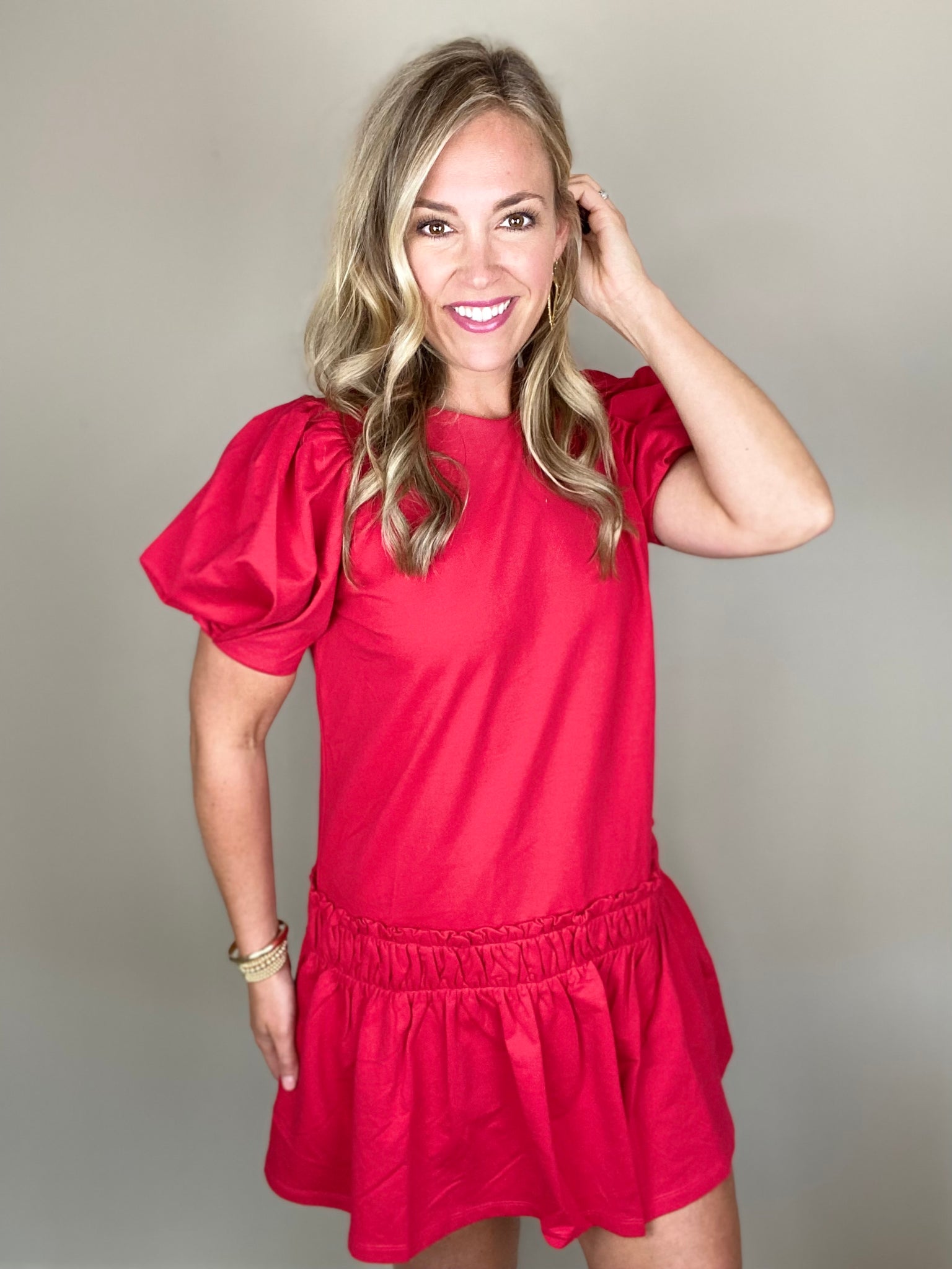 Red Puff Sleeve Mini Dress