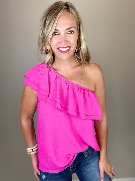 One Shoulder Ruffle Top- Hot Pink