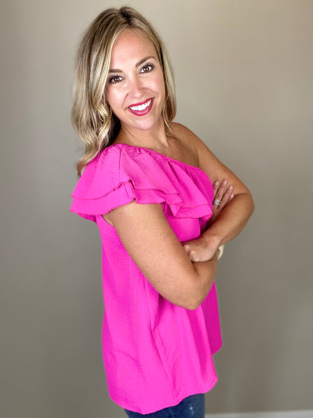 One Shoulder Ruffle Top- Hot Pink