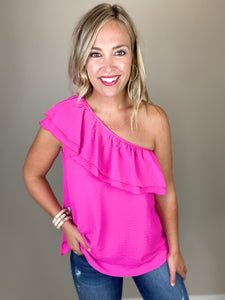 One Shoulder Ruffle Top- Hot Pink