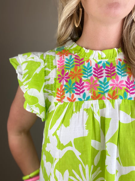 Lime Embroidered Flutter Sleeve Dress