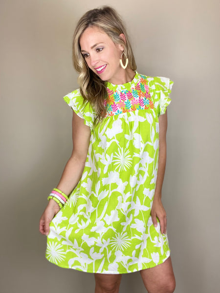 Lime Embroidered Flutter Sleeve Dress